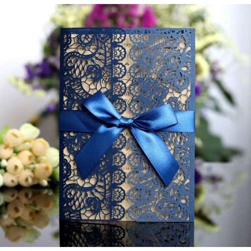 Dark-blue Marriage Invitation Card Laser Holiday Card Lace Design